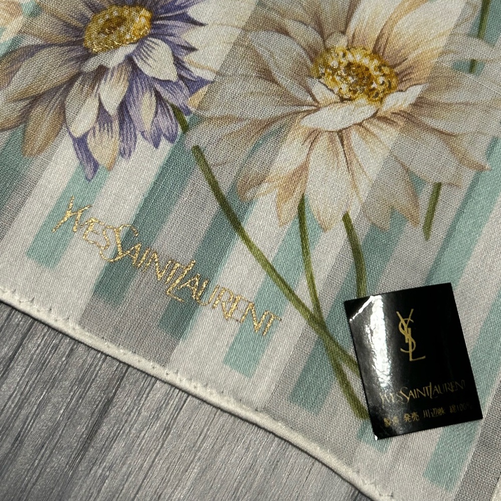 Yves Saint Laurent Vintage Mint & White Striped Floral Cotton Handkerchief Scarf - Picture 3 of 12